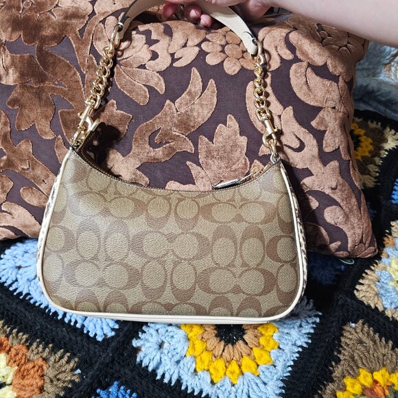 Coach Teri Shoulder Bag Purse In Signature Canvas and Embossed Snakeskin - Picture 3 of 8